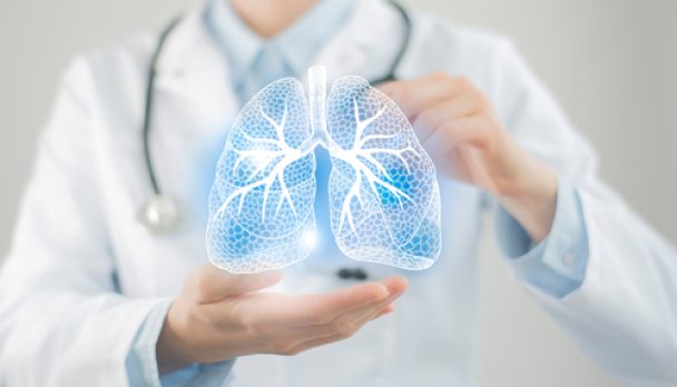 Female,Doctor,Holding,Virtual,Lungs,In,Hand.,Handrawn,Human,Organ,